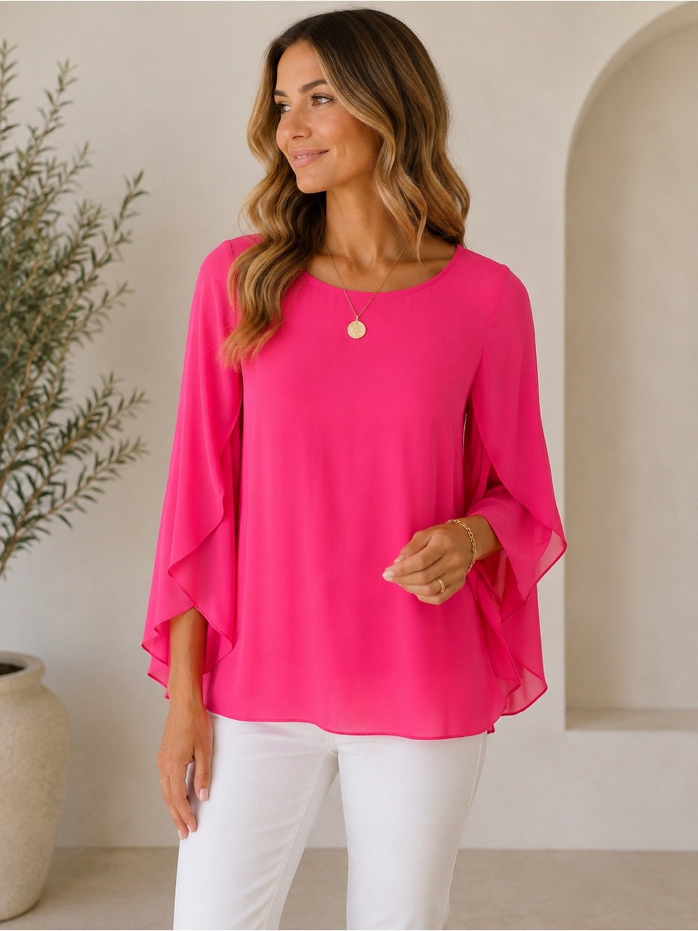 Milly Bright Hot Pink Silk Blend Ruffle-Sleeve Blouse